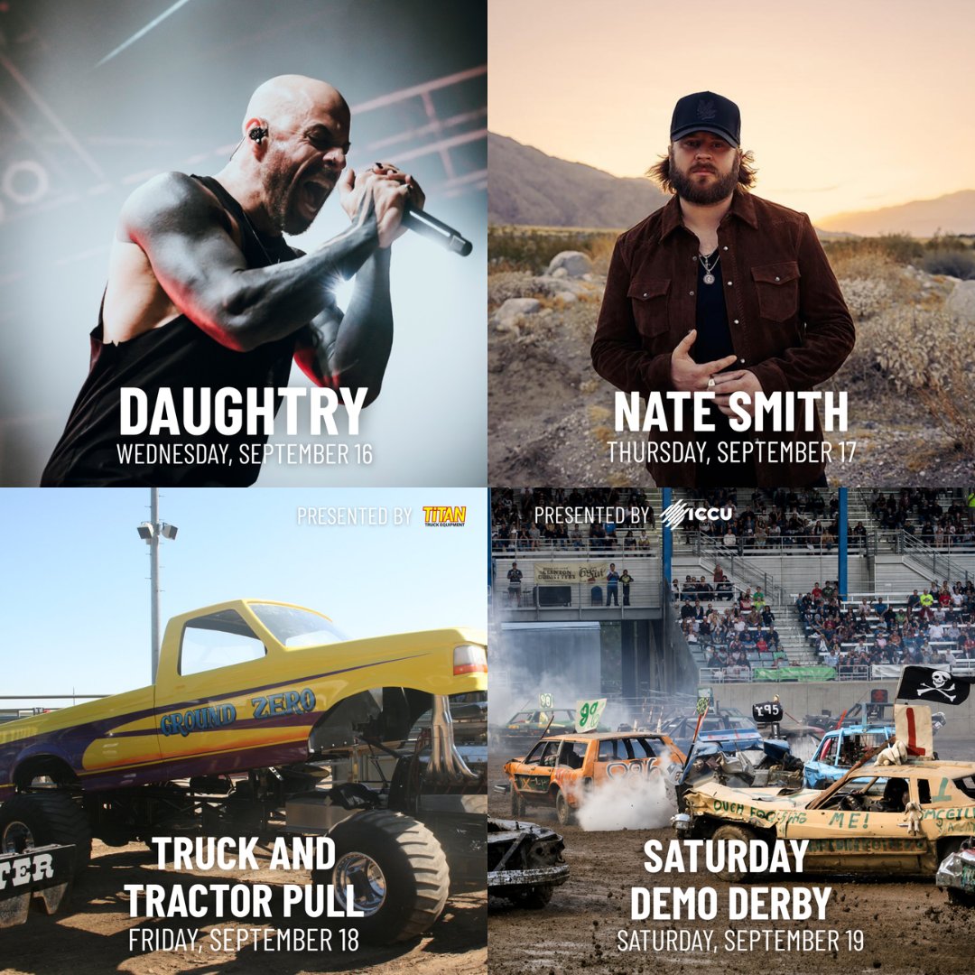 interstatefair's tweet photo. The countdown is ON! 🎡 
🤠 Sept. 11–12: Rodeo 🎶 Sept. 15: The Band Perry &amp; Gretchen Wilson 🎸 Sept. 16: Daughtry 🎤 Sept. 17: Nate Smith 🚜 Sept. 18: Truck &amp; Tractor Pull 💥 Sept. 19–20: Demolition Derby
🎟️ Get your Grandstand tickets at https://t.co/cvf5XBeKak https://t.co/1JuF6aXRMX