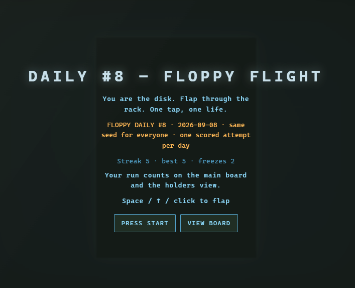 FloppyD1skGames's tweet photo. Todays Daily: Floppy Flight
One attempt for the highest score.
https://t.co/RSxeVjPRhL https://t.co/v5eXllruze