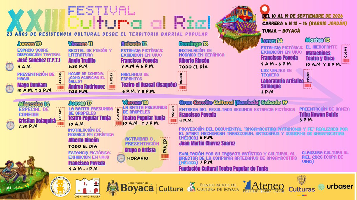 teatropopularl5's tweet photo. Les compartimos afiche y programación de 🚂 Cultura al Riel  🎭23 años de resistencia cultural desde el territorio barrial cultural 
Apoyan @mincultura @SeCulturaBoyaca 
Programación general: 🗓️https://t.co/YpT5kapVze https://t.co/7nwJ4NUOzh