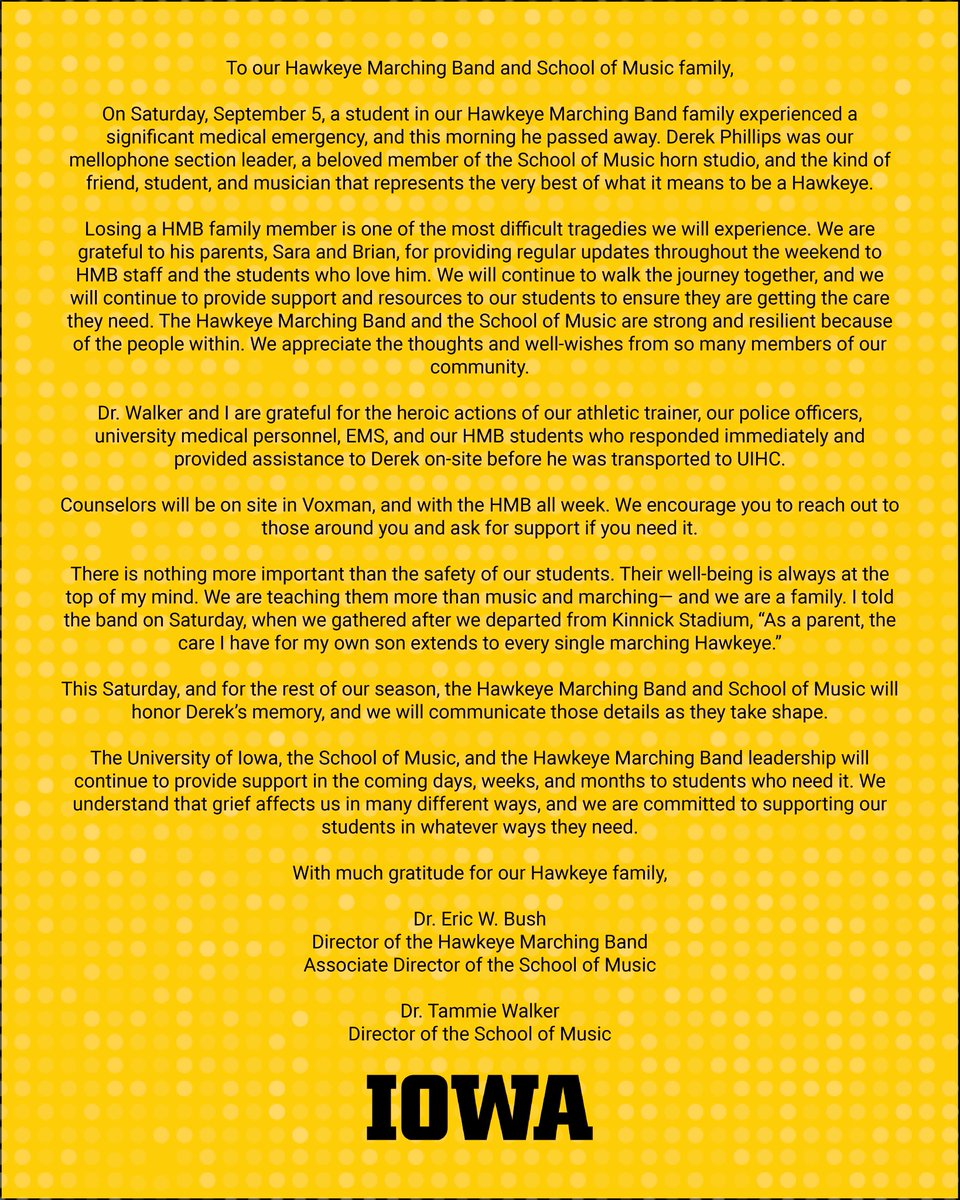 HawkeyeBand's tweet photo. A message from the Hawkeye Marching Band and the School of Music. 🖤💛 https://t.co/KJSYDu1yn2