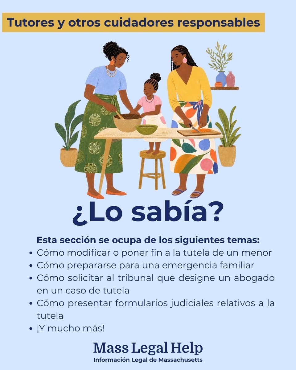 MassLegalHelp's tweet photo. ¿Tiene dudas sobre cómo designar a un tutor, cuidador o agente temporal para sus hijos? Le invitamos a echar un vistazo a la recientemente actualizada sección «Tutela» de nuestra página web: https://t.co/dQcdEFrXPu https://t.co/Y1u0TrVrSD