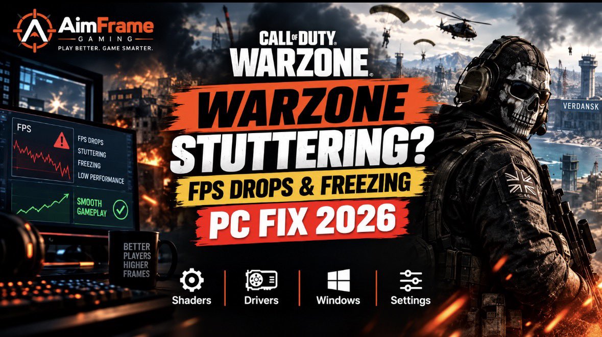 AimframeGaming's tweet photo. 🎮 Warzone stuttering or dropping FPS on PC?

Check:

✅ Shaders
✅ VRAM usage
✅ GPU drivers
✅ Background apps
✅ Game files
✅ Graphics settings
✅ Frame-time consistency

Full fix guide 👇
https://t.co/aLomHPFzRY

#Warzone #PCGaming #CallOfDuty https://t.co/MHqsjUjr4M