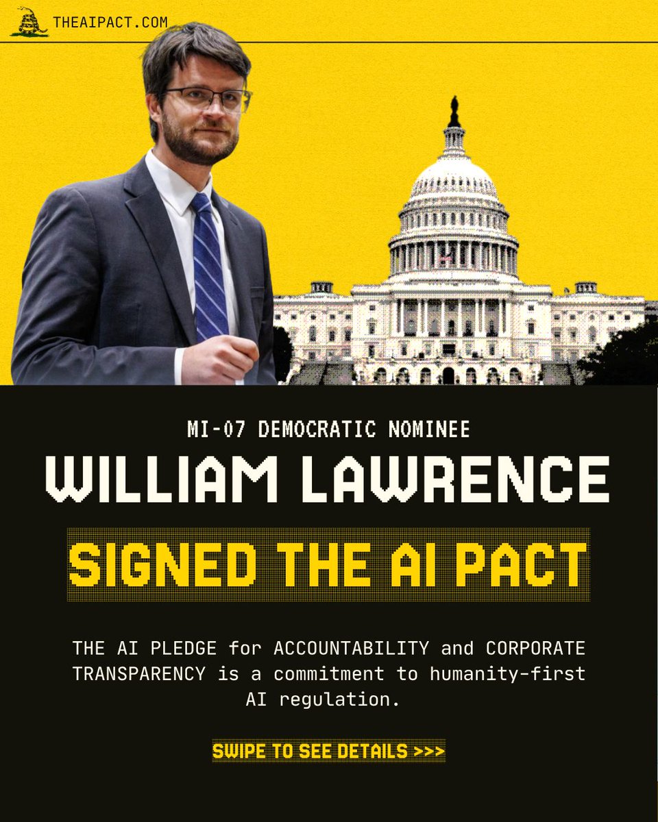TheAIPACT's tweet photo. MI-07 House candidate Will Lawrence signed the AI PACT! He is running against Rep. Tom Barrett who has received thousands of dollars in donations from major AI companies and voted for the Big Beautiful Bill which gave $80+ billion in tax breaks to data center developers. https://t.co/uwGCiHt6iv