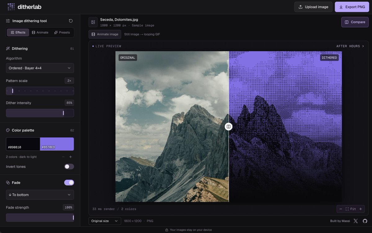 MaxMalloc's tweet photo. I built Ditherlab to turn photos into dithered images and looping GIFs.
Play with the colors and fades, and export what you make.
It’s free, with no signup. Your images stay on your device.

https://t.co/Xl6pPfgWoq https://t.co/ujfbsIFkZ5