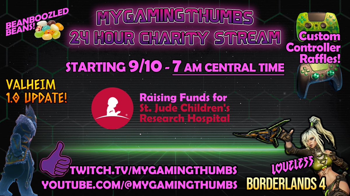 MyGamingThumbs's tweet photo. Hey hey hey! Come join the marathon of FUN and FUNdraising starting Thursday morning! 
A 24 hour stream as part of @thehuntcharity Hunt Is 4ever redemptions, and of September being Childhood Cancer Awareness month. All donations go to @StJude @StJudePLAYLIVE https://t.co/ek39kdPFVJ