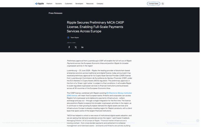 jakeclavr's tweet photo. Ripple's preliminary MiCA CASP approval in Luxembourg (June 2026) is a Green Light Letter still subject to final conditions. Once cleared, it lets Ripple passport regulated crypto services across all 30 EEA countries from a single base. https://t.co/rMj1Qx2Kxu