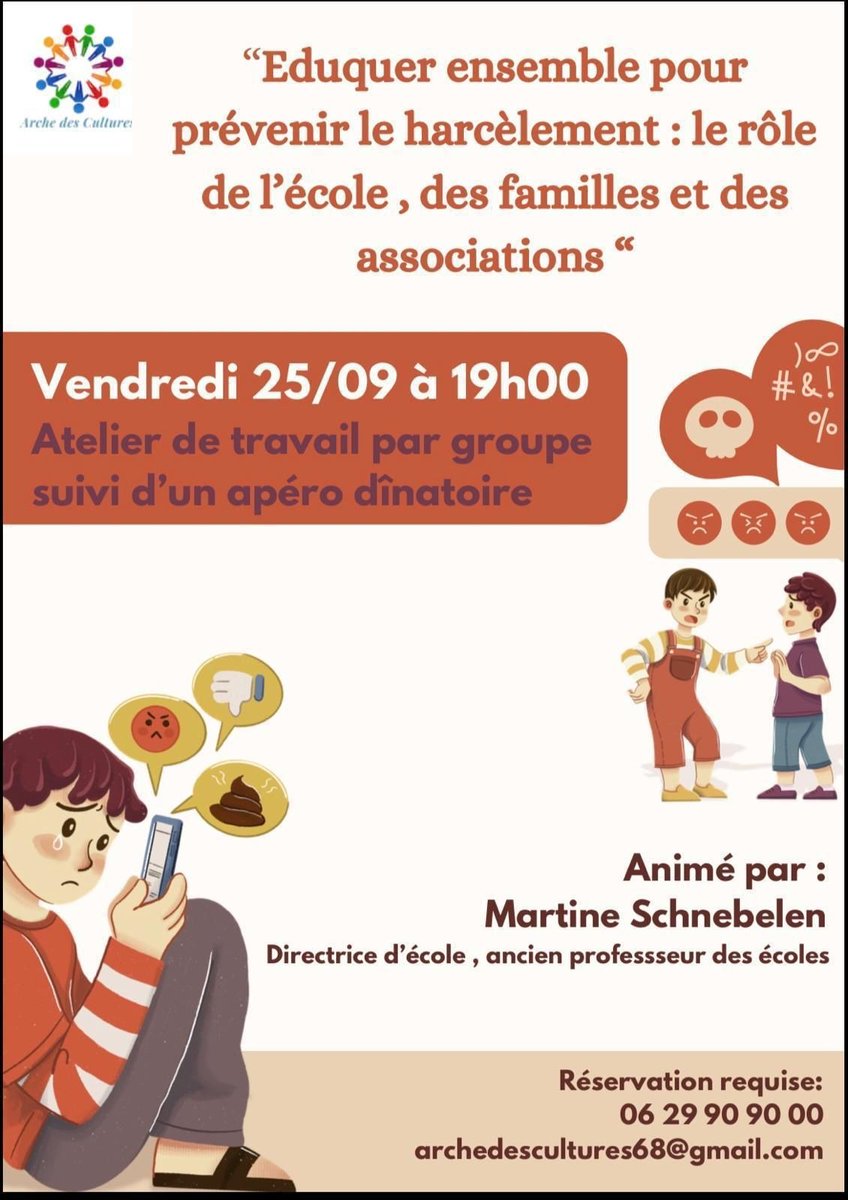 adc_68's tweet photo. 🛑 Éduquer ensemble pour prévenir le harcèlement

📅 Vendredi 25 septembre à 19h
🎤 Atelier animé par Martine Schnebelen, directrice d'école
🍽️ Suivi d’un apéro dînatoire

#Harcèlement #Prévention #VivreEnsemble https://t.co/mFElM0QOU6