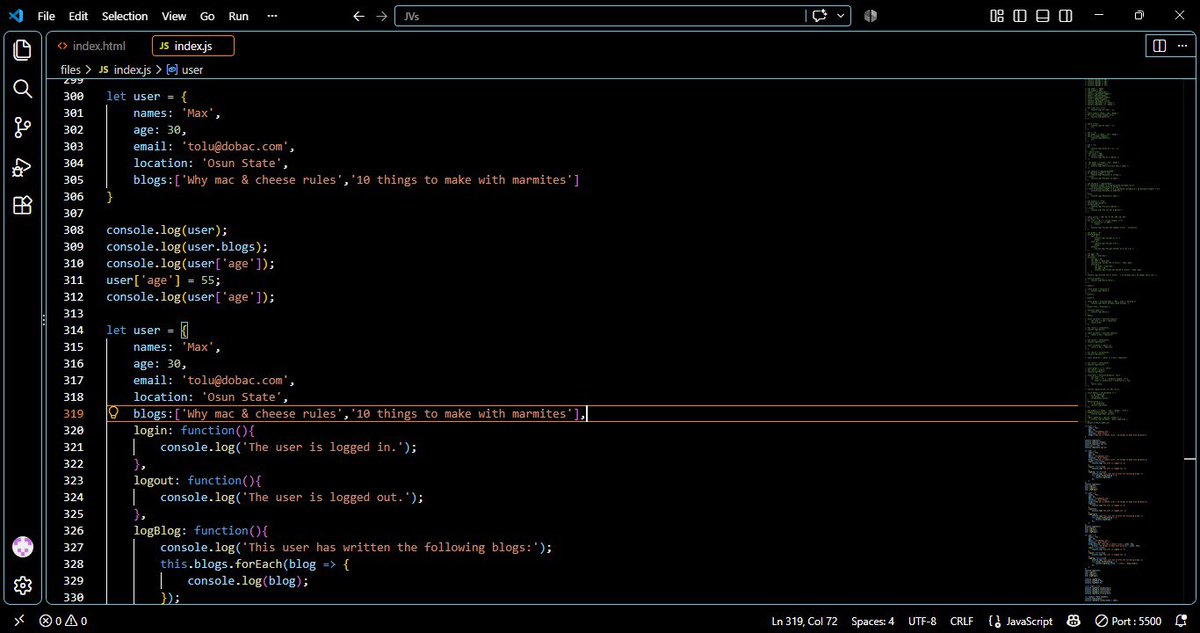 T_EB3N_O's tweet photo. Day 9 of my coding journey.

Today I learned about objects in JavaScript and how they’re created and accessed.

I started with object literal notation, where an object is created using curly braces "{}":

let user = {
  name: 'crystal',
  age: 50,
  email: 'crystal_50@gmail.com',
  location: 'Berlin',
  blogs: [
    'Why Mac & cheese rules',
    'The strongest superhero is who?'
  ]
};

I learned that I can access the whole object:

console.log(user);

Or target a specific property:

console.log(https://t.co/NSX8byPUOx);
console.log(user['name']);

I also learned how to update object properties:

user.age = 35;

Objects can also contain methods, which are functions stored as properties of an object.

The class ended with primitive vs reference types, and how JavaScript manages data in memory using concepts like the stack and heap.

Finally, I explored the Math object and some of its useful methods:

const area = 7.7;

console.log(Math.round(area));
console.log(Math.trunc(area));
console.log(Math.ceil(area));
console.log(Math.floor(area));

Another class, another layer of JavaScript starting to make sense. 

Day 9 complete. 

Still learning. Still building.