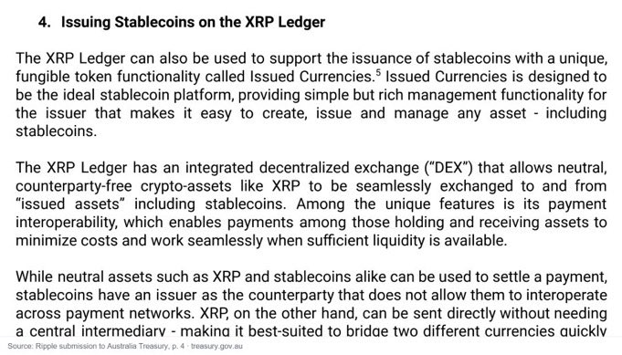 jakeclavr's tweet photo. Ripple filed a submission with Australia's Treasury describing the XRP Ledger's Issued Currencies feature as a platform for stablecoin issuance, with built-in management functionality for issuers. That's Ripple putting its technical case in front of regulators directly. https://t.co/3VtuWslXJm