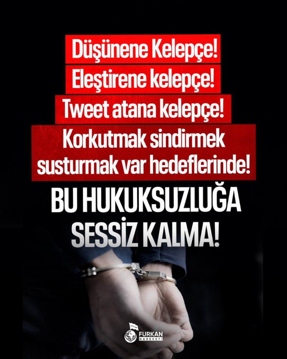 FurkanHrktMlty's tweet photo. - Düşünene Kelepçe!
- Eleştirene kelepçe!
- Tweet atana kelepçe!
Korkutmak sindirmek susturmak var hedeflerinde.! 

BU HUKUKSUZLUĞA SESSİZ KALMA!

HükümlüDeğil Tutuklu
SuçluyuDeğil HaklıyıOvme https://t.co/VF5ZOStWFE