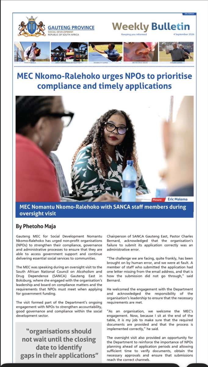 gpgSocDev's tweet photo. @gpgSocDev MEC @NkomoNomantu urged NPOs to prioritise compliance and timely applications.

Download the Weekly Bulletin 594

https://t.co/HhbQwz60gt

#WeeklyBulletin #GrowingGautengTogether https://t.co/PaaaYtAoA5