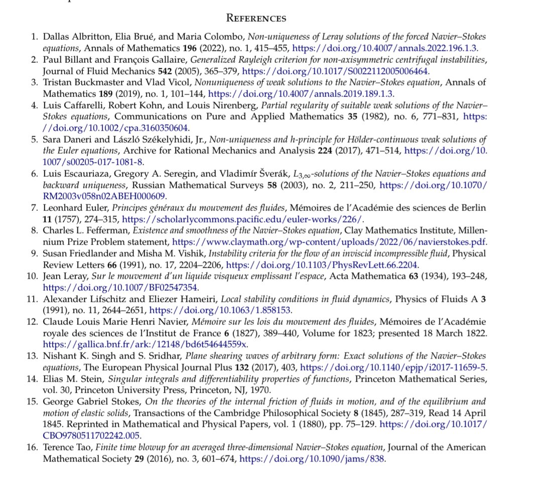 GonZalocla's tweet photo. This reference list for Navier Stokes blowup is outrageous. 

No Chen-Hou, no Alpoge-Buckmaster, no Córdoba and Martínez-Zoroa, no Elgindi.

They are not properly attributing any previous work to the problem https://t.co/Sd6tE0bnKr