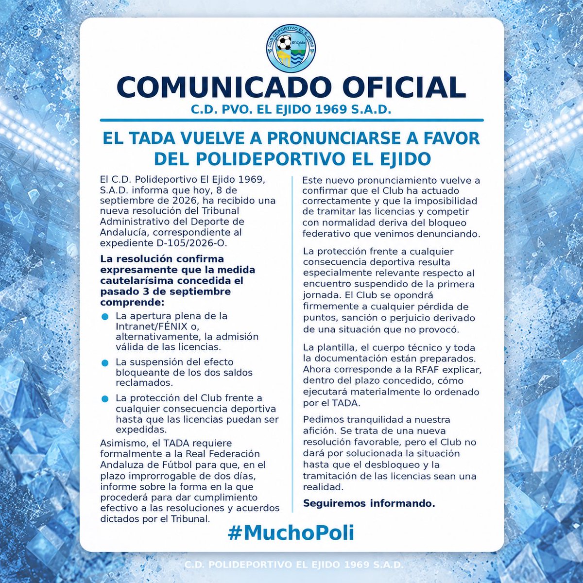Poli_ElEjido's tweet photo. 🔵 EL TADA VUELVE A PRONUNCIARSE A FAVOR DEL CD POLIDEPORTIVO EL EJIDO https://t.co/4Laavw7Aqm