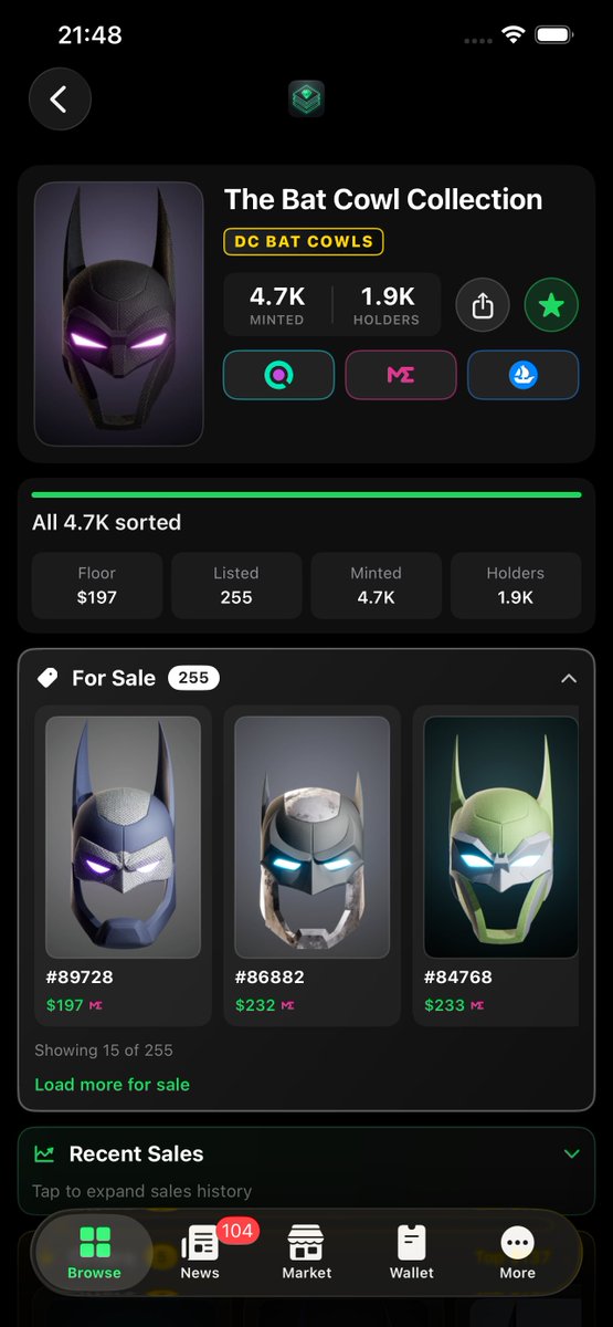 dcdigitalart's tweet photo. App 2.1 is live - @opensea + @MagicEden in one DC 🦇 Market

- Cross-Market Integration
- Edition Alerts 🚨 on collections
- Live Floors
- Live Sales Activity across collections
- More...

Thanks @javiert19253682 for the requests ✅

Free on the App Store
https://t.co/abz4LngYkI https://t.co/1mFl0XcU0n
