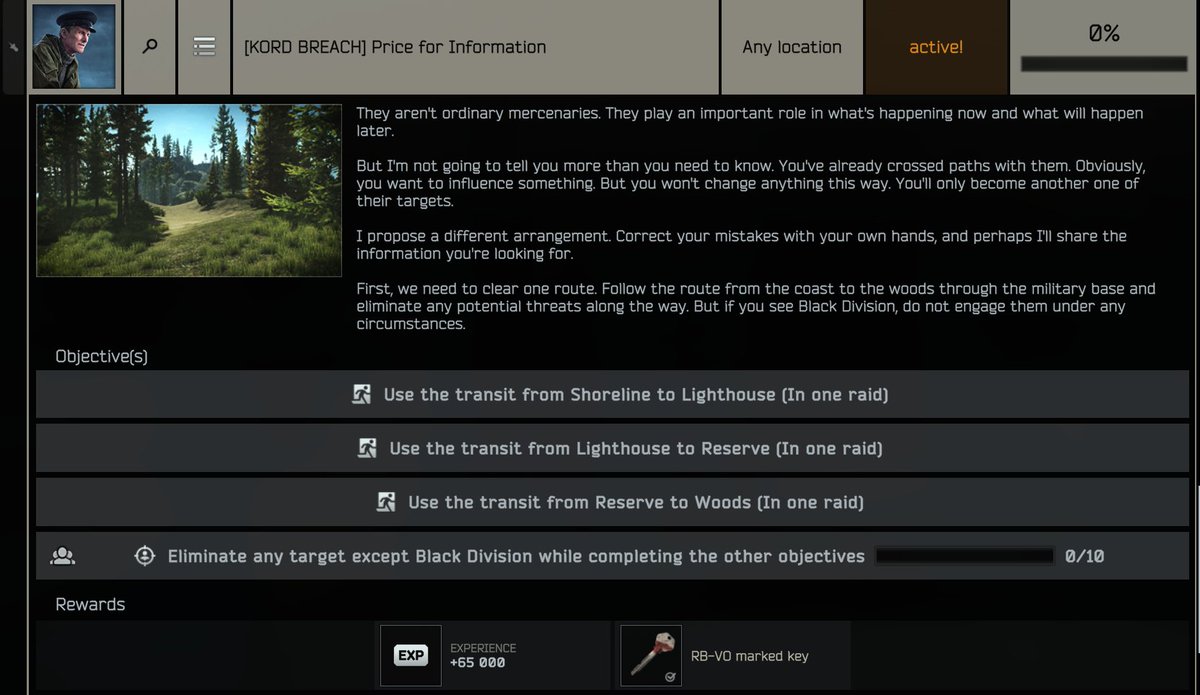 Fugglet_tv's tweet photo. KORD BREACH Quest Line continues at Lightkeeper, these are the 3 first quests you get when you get out there. #tarkov https://t.co/8poK8j57n8