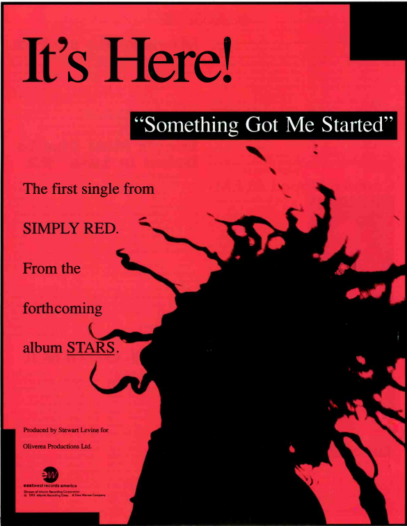 myfizzypop's tweet photo. Lord knows why they went for this blood red advertisement instead of lush blue cover art of single #SomethingGotMeStarted, #SimplyRed's first single from their juggernaut #Stars LP (released 35 yrs ago #onthisdayinpop in 1991). Still became a solid hit tho
https://t.co/wGDZh1E7wp https://t.co/V23QszwOx7