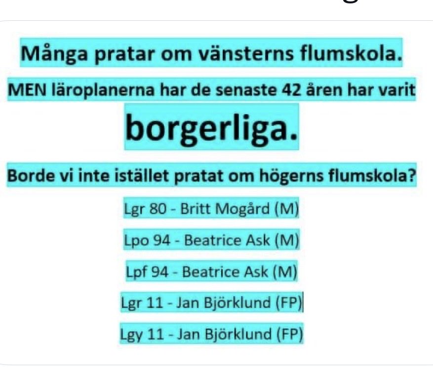 AnnaBanders's tweet photo. Attans vilken otur … Den så kallade ”vänsterns flumskola” har under 42 år haft borgerliga läroplaner. Tänk så det kan gå … https://t.co/jKBvXeof5a