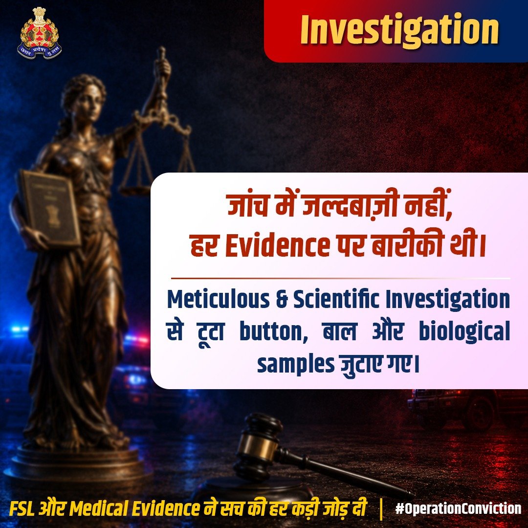 Uppolice's tweet photo. माननीय मुख्यमंत्री उत्तर प्रदेश के निर्देशानुसार डीजीपी यूपी श्री राजीव कृष्ण द्वारा प्रदेश में चलाए जा रहे #OperationConviction के तहत सीतापुर पुलिस की वैज्ञानिक जाँच तथा पुलिस-अभियोजन की मजबूत पैरवी से अपनी नाबालिग बेटी से दुष्कर्म के दोषी पिता को मामला दर्ज होने के केवल 114 दिनों में सज़ा मिली।

पुलिस ने 10 दिन में आरोप-पत्र दाखिल किया और टूटे बटन, बाल व कपड़ों से मिले अहम सबूतों की FSL जाँच तथा मेडिकल रिपोर्ट से अपराध की पुष्टि हुई।

विशेष POCSO कोर्ट ने दोषी को अंतिम सांस तक कारावास और ₹20 हजार अर्थदंड की सज़ा सुनाई।

जाँच में बारीकी। पैरवी में मजबूती। न्याय में तेजी।

#UPPolice 
#SitapurPolice 
#OperationConviction