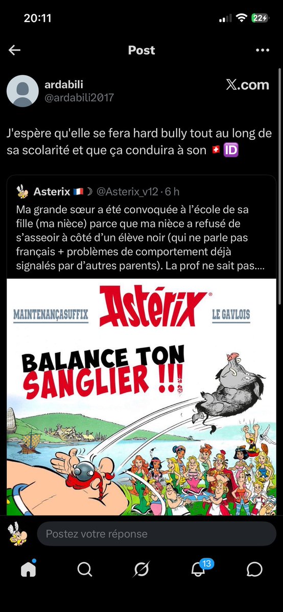Asterix_v12's tweet photo. Il souhaite la mort de ma nièce parce qu’elle a refusé de s’asseoir à côté de quelqu’un qui lui aurait pourri la scolarité. Le camp du bien, mesdames, messieurs. https://t.co/AXMrF56C2Q