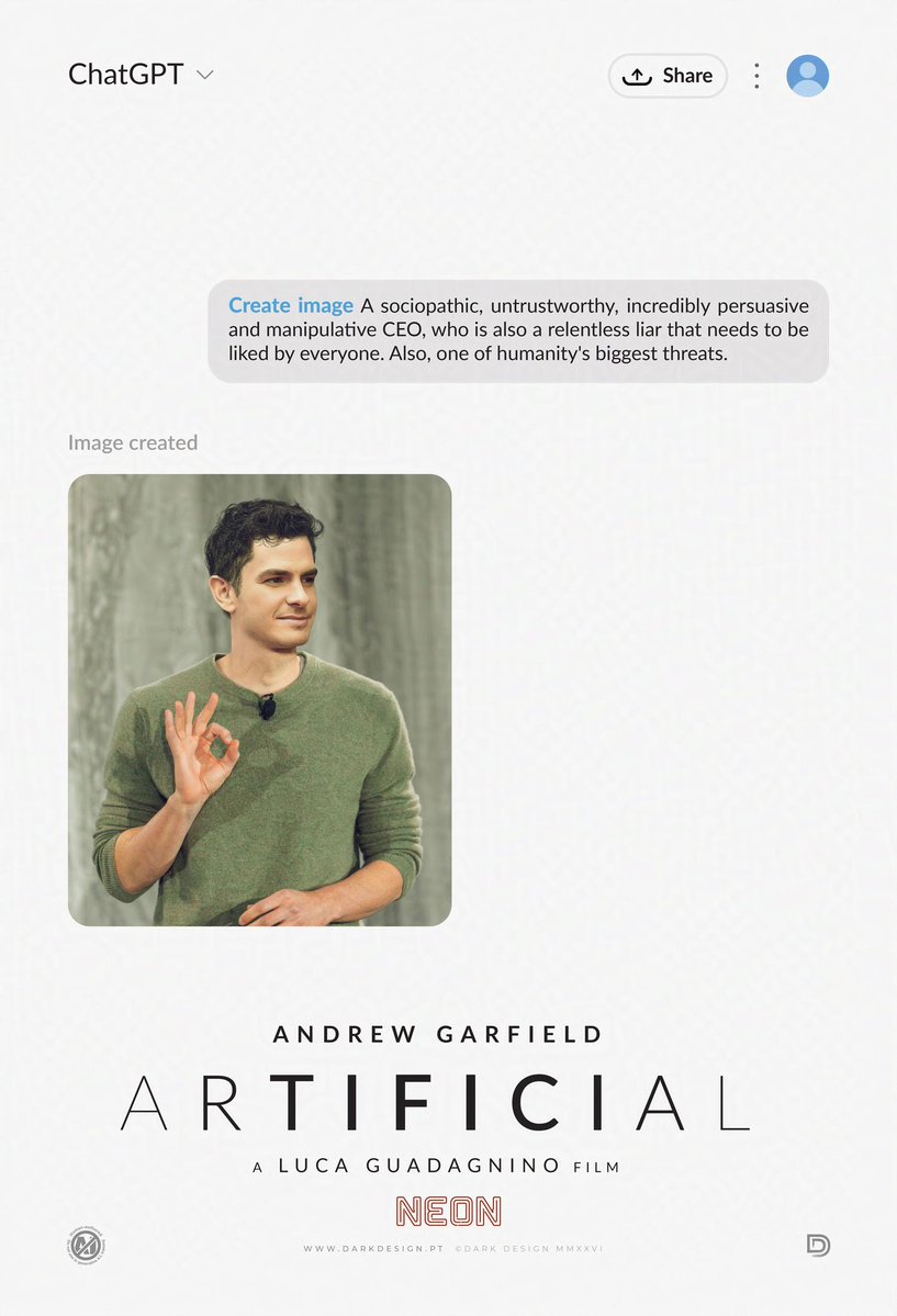 nunosarnadas's tweet photo. For those who missed it, here's my concept teaser poster for this. #artificial #samaltman #film #poster https://t.co/mByuMg1BT4