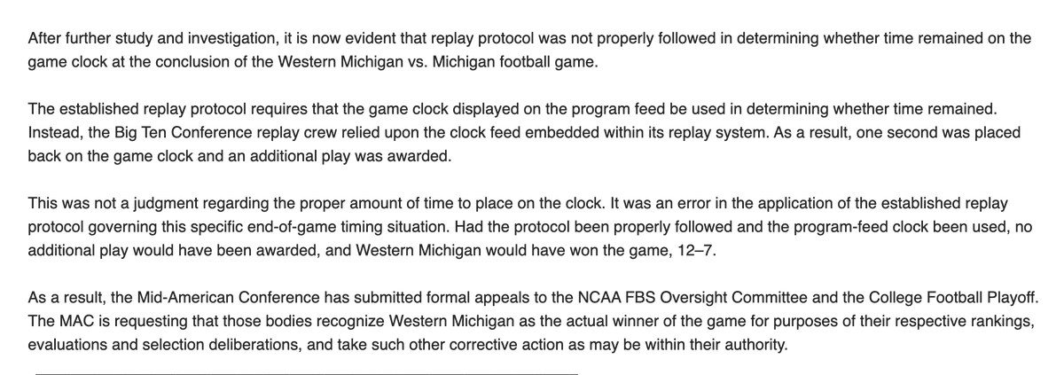 NicoleAuerbach's tweet photo. WOW. New statement from MAC commissioner Jon Steinbrecher that says "replay protocol was nor properly followed" and that the MAC is formally appealing the result of the Michigan-WMU game. https://t.co/fIpTeDY2TS
