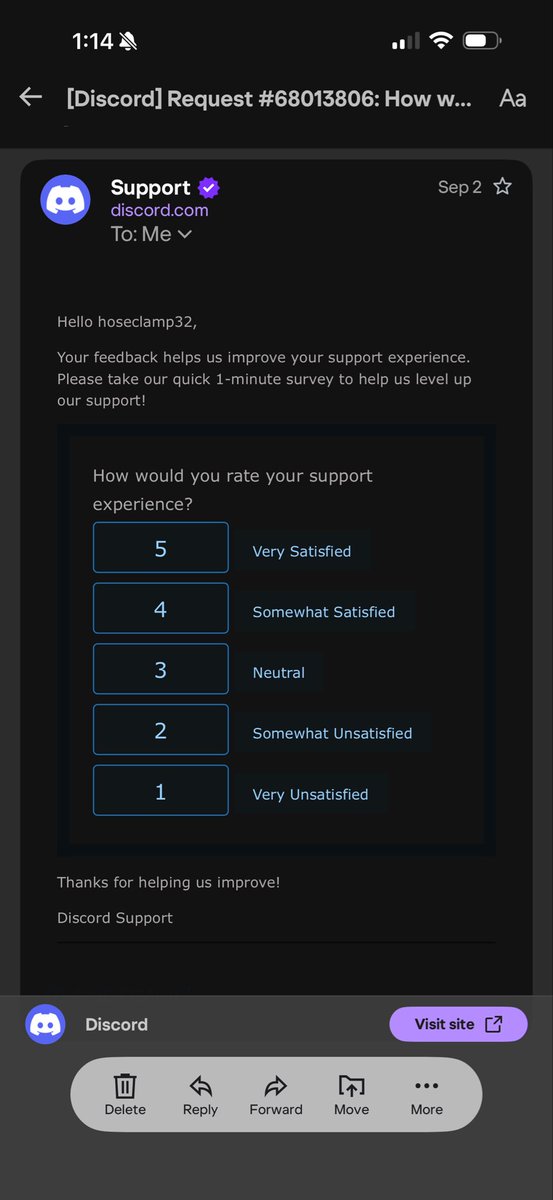 hoseclamp32's tweet photo. Two weeks since my @discord account was hacked and instead of getting any responses from @discord_support I get an email asking for feedback on my “support experience”. Where’s the option for zero, because that’s the amount of support I’ve gotten. 🤷 https://t.co/FfFrLLEddQ