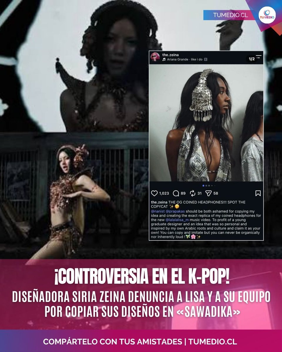 TuMedio's tweet photo. La diseñadora siria Zeina acusa a #LISA y su equipo de copiar sus diseños en el video «Sawadika». 

#LISA #LLOUD #Sawadika #BLACKPINK #LISA_Sawadika #KpopNews #PopNews #Trends #Espectaculos #Moda #TopMediaMagazine
📸: @billboard https://t.co/PrJnrh3W04