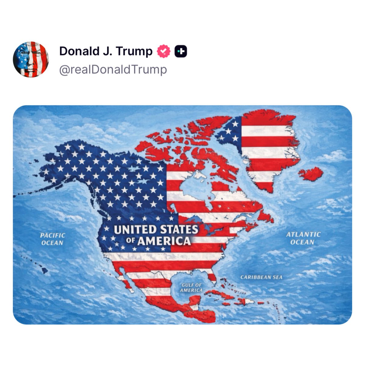 6ixbuzztv's tweet photo. Trump posts U.S. map that includes Canada, Greenland, Mexico, Cuba, parts of Central America, &amp; the Caribbean https://t.co/4IC7JX4pLu