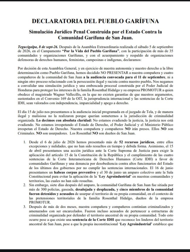 ofraneh's tweet photo. DECLARACIÓN DEL PUEBLO GARÍFUNA.
Simulación Jurídico Penal Construida por el Estado Contra la Comunidad Garífuna de San Juan Tela https://t.co/dHTi3hYqVJ
