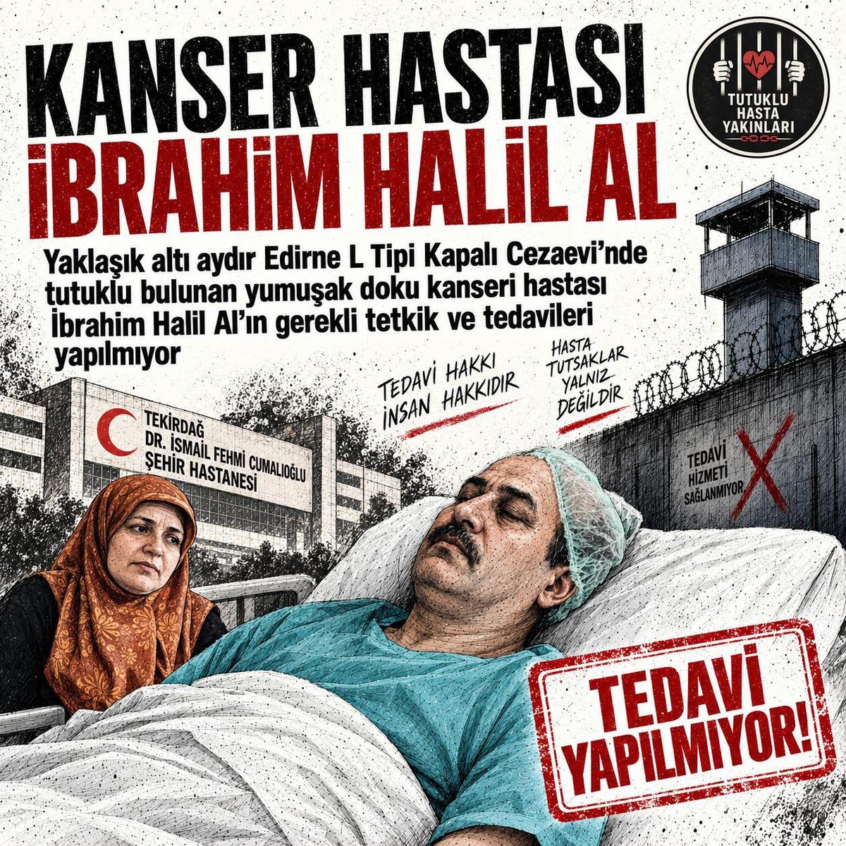 Yusufbatur68's tweet photo. 27 saat yol, 4 çocuk, kanser hastası bir baba…

İbrahim Halil Al’ın ailesi her görüşte Şanlıurfa–Edirne arasında bu ağır yolculuğu yapmak zorunda kalıyor.

Tedavisi başlatılsın, işlemleri hızlandırılsın, ailesine yakın bir cezaevine nakledilsin.

KanserHastası HalilAl https://t.co/gkzSD0ZrWW