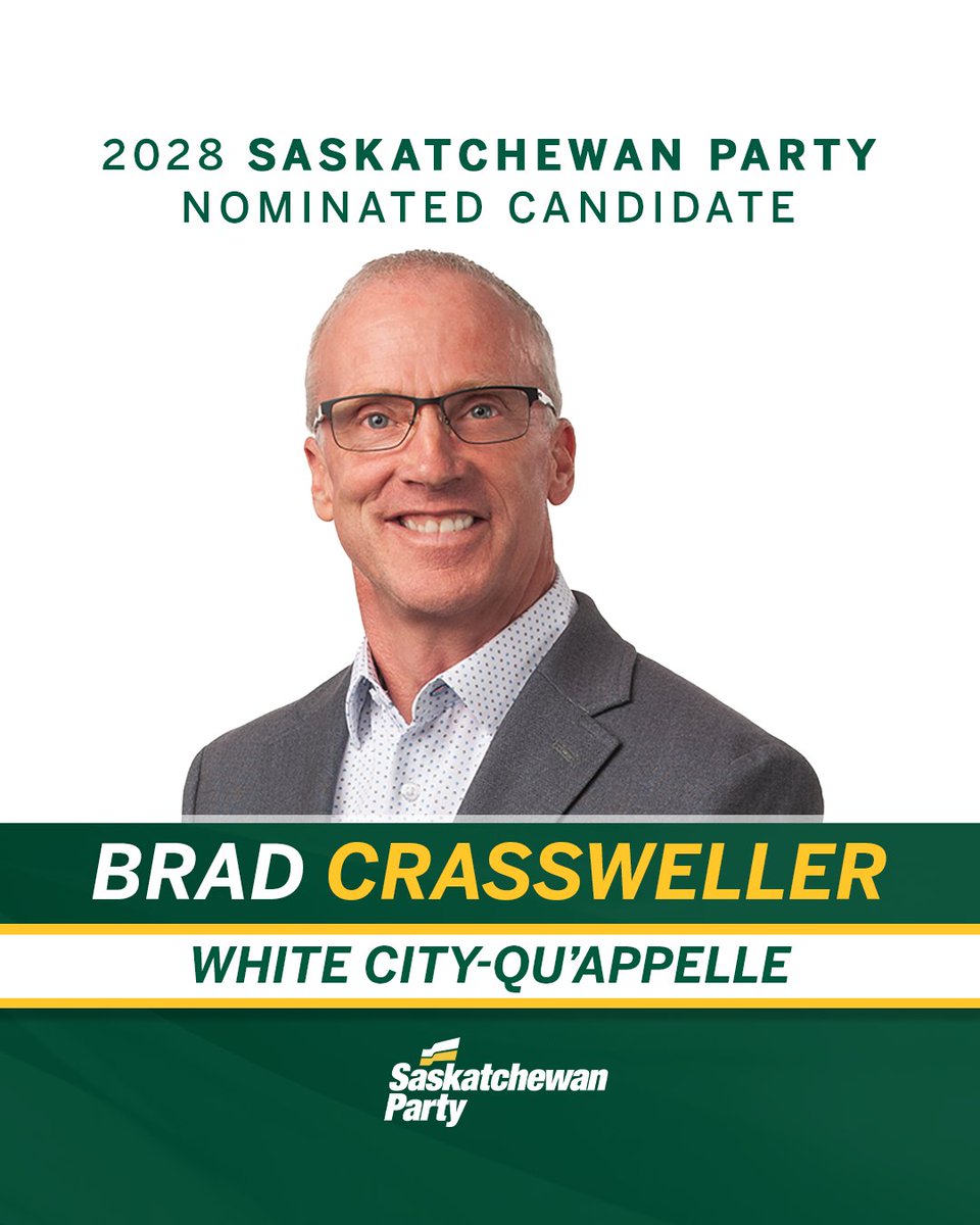SaskParty's tweet photo. Congratulations to Brad Crassweller, acclaimed tonight in White City-Qu'Appelle as our sixth nominated candidate for the 2028 provincial election! https://t.co/n00l3iBT9d