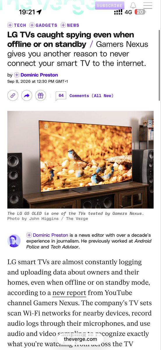levelsio's tweet photo. Thanks everyone for recommending me to buy an LG TV two years ago but especially everyone for recommending me to NEVER ever connect it to the internet

But instead to get an Apple TV and connect that with HDMI to the LG TV

I knew LG TVs were full of spyware but it's even worse than everyone thought!

You're 100% safe though if you never connect it to the internet