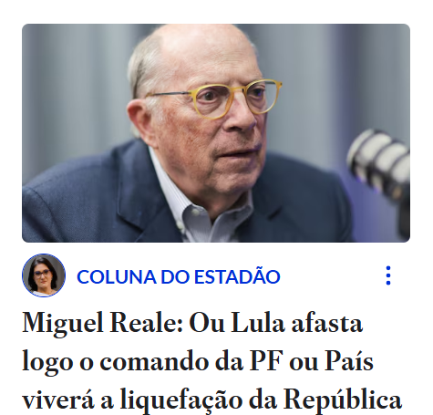 mauad_joao's tweet photo. "O jurista e ex-ministro da Justiça Miguel Reale Júnior afirmou que o presidente Lula cometerá um erro histórico que ameaça a República e trará uma liquefação do sistema se não cumprir de imediato a determinação do ministro do Supremo Tribunal Federal (STF), André Mendonça. A ordem judicial é para o afastamento do diretor-geral da Polícia Federal, Andrei Rodrigues, e do diretor de Inteligência da PF, Leandro Almada.

“Eu creio que efetivamente se está pondo em jogo a República. Há uma desfuncionalidade dos órgãos do poder, das instituições, mas agora houve uma liquefação”, disse em entrevista à Coluna do Estadão.

O ex-ministro da Justiça criticou as orientações dadas ao Palácio do Planalto para recorrer e resistir à decisão, destacando que determinação judicial se cumpre.

“No momento em que o Supremo Tribunal Federal toma uma decisão de afastamento que pode ser discutida, mas que tem fundamento, o presidente da República não pode deixar de cumprir e até é estranhável que venha a dizer que vai recorrer, porque junto a sua pessoa há fatos gravíssimos que ocorreram, sem dúvida nenhuma”, ressaltou."