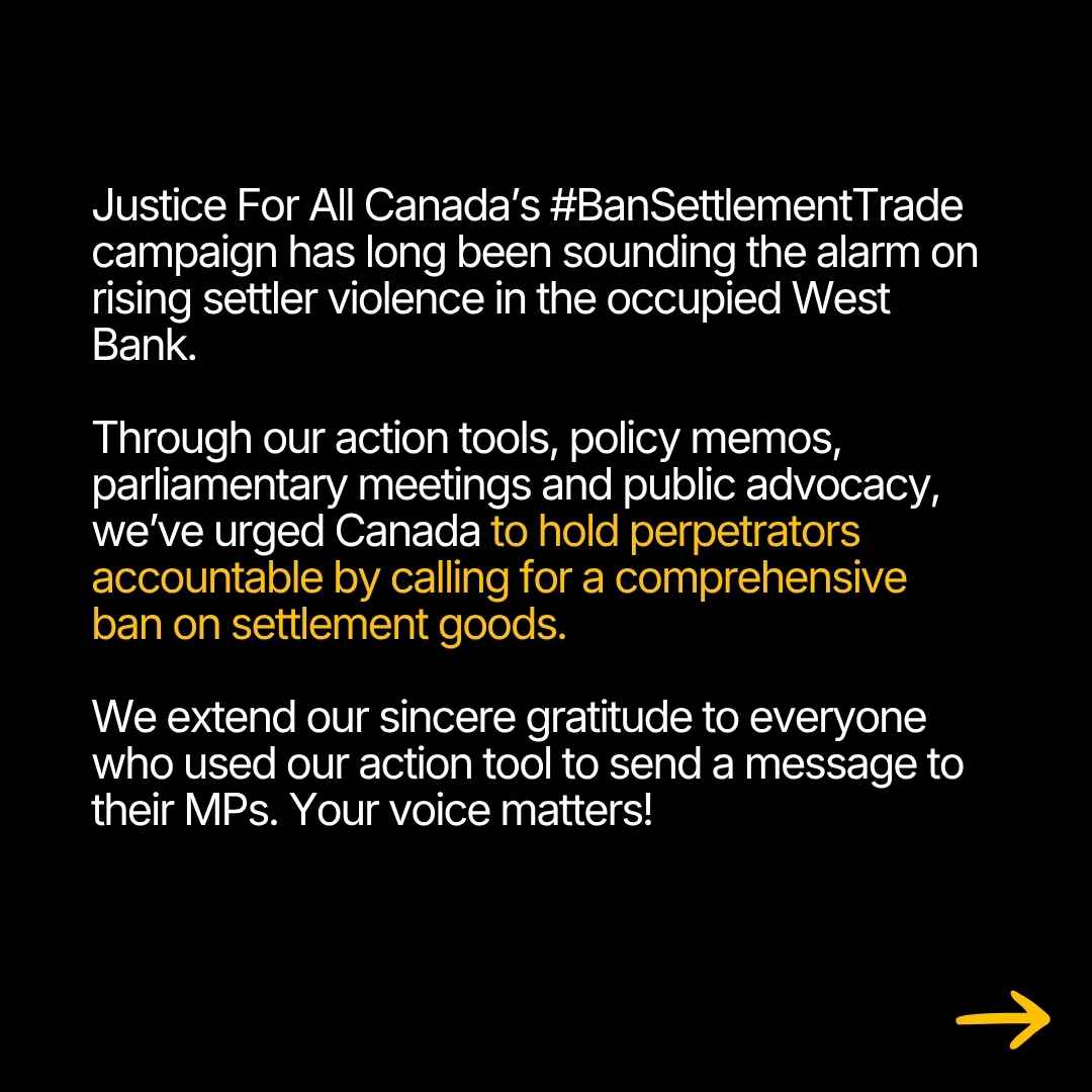 justiceforallcn's tweet photo. 🔥#JusticeUpdate— Canada Announces Ban on Settlement Trade

Justice For All Canada welcomes Canada’s national commitment to ban trade in illegal settlement goods, following the actions of Ireland, Spain, the Netherlands, Norway, and Belgium. SHARE THIS🔄 https://t.co/LonB8YKLxE
