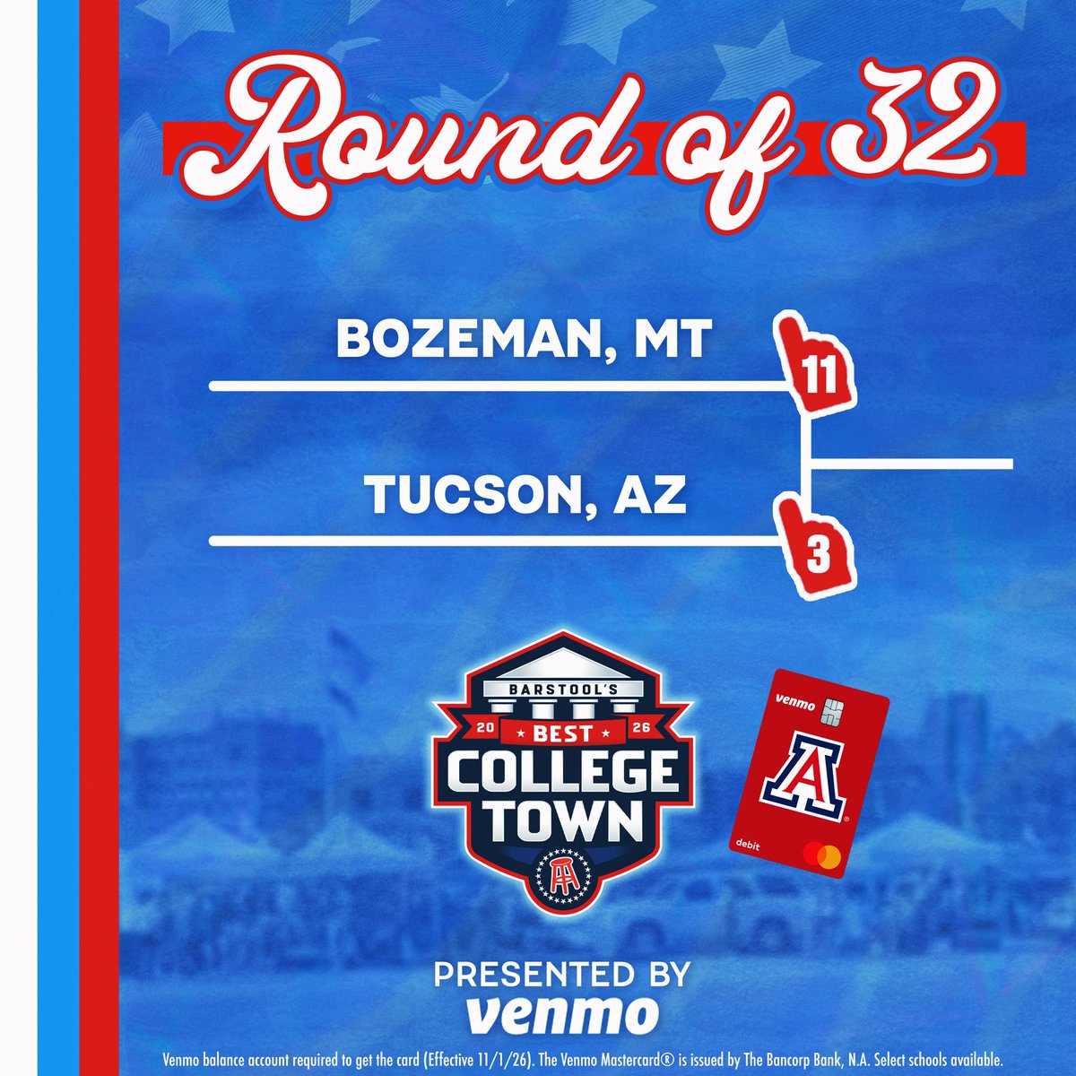 BarstoolBobcats's tweet photo. 🚨 BOZEMAN NEEDS YOUR VOTE 🚨
Best College Town Round of 32 is officially LIVE!
⏰ Voting closes Thursday at 11:59 PM EST
Presented by @venmo
Link to Dash Game - 
https://t.co/arqS8hviwO https://t.co/YB6lgRwU2V
