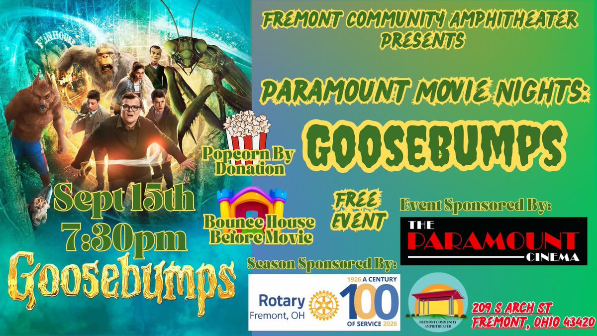 fremcomamp's tweet photo. 🎬 ONE WEEK AWAY! 🍿

Get ready for a FREE family movie night! Join us Tuesday, September 15 at 7:30 PM for Goosebumps! 👻🎥

🏰 Bounce house before the movie
🍿 Popcorn by donation
🎟️ FREE admission

Grab the family, bring your chairs &amp; blankets, and join us for a spooky night! https://t.co/qtRn77waIx