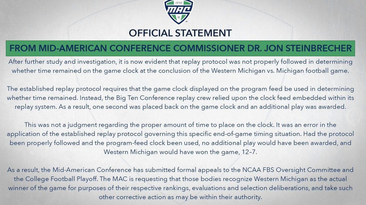 RossDellenger's tweet photo. The MAC now says that “replay protocol was not properly followed” in the Western Michigan-Michigan game and the league has filed a formal appeal with the NCAA FBS Oversight Committee to be recognized as the winner. https://t.co/gVA18kozym