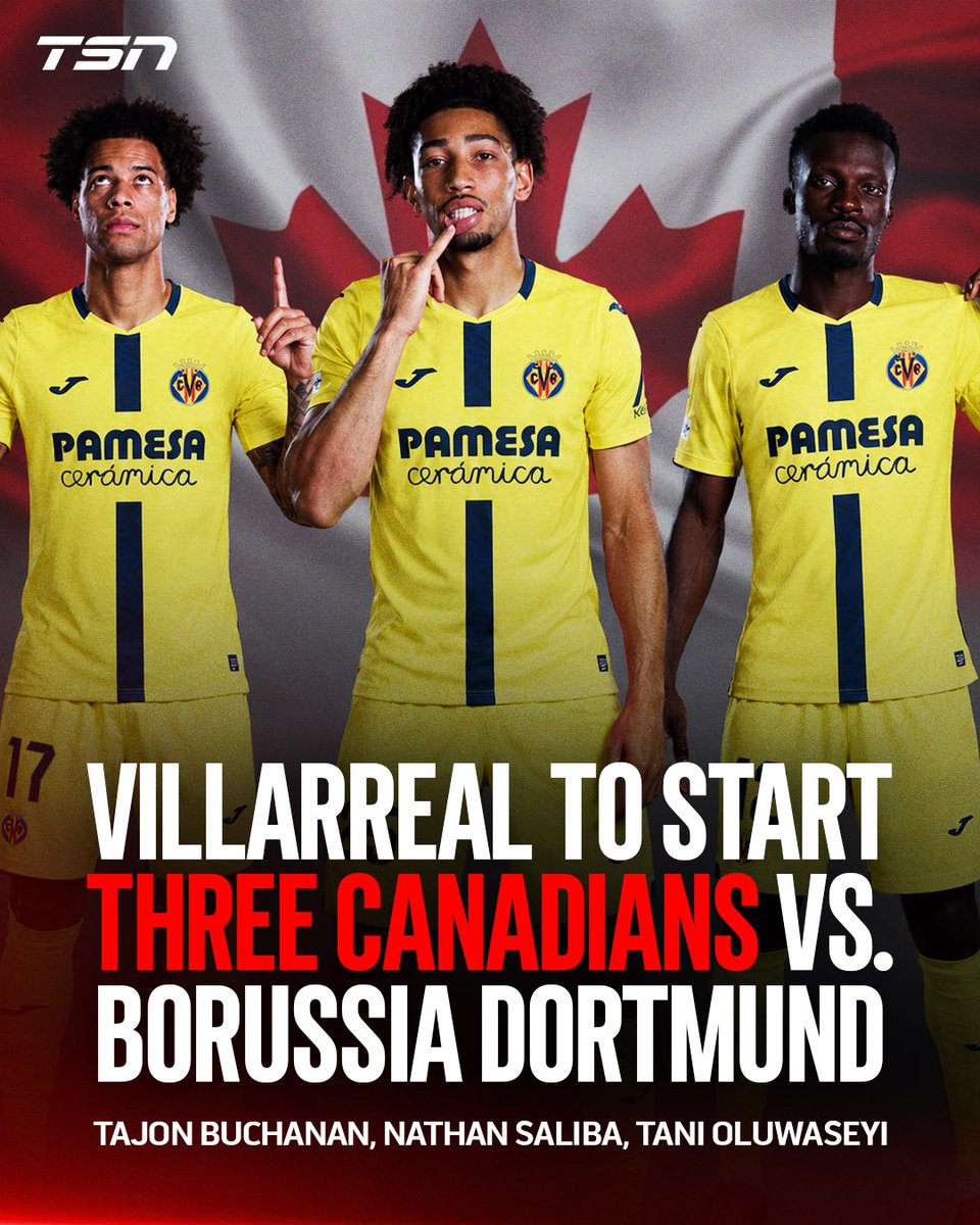 TSN_Sports's tweet photo. This HAS to be some kind of record 😧🇨🇦

Three #CANMNT players -- Tajon Buchanan, Nathan Saliba and Tani Oluwaseyi -- will start for Villarreal CF against Borussia Dortmund today 👏 https://t.co/zwb6FmCvXi