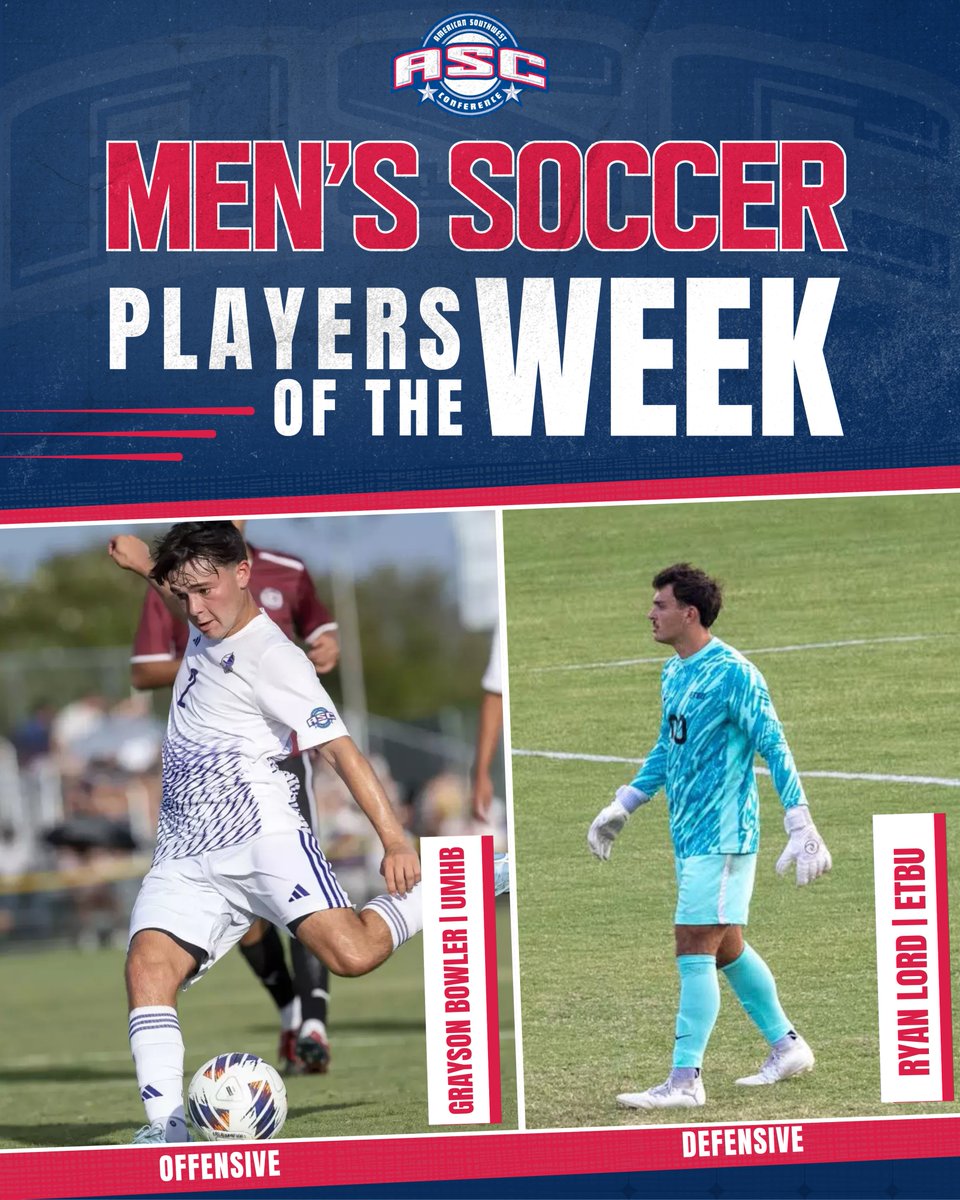 ASC_sports's tweet photo. Week 1 ASC Men's Soccer Players of the Week!

Offensive ➡️ Grayson Bowler, UMHB
Defensive ➡️ Ryan Lord, ETBU https://t.co/0Lk5o42mHR