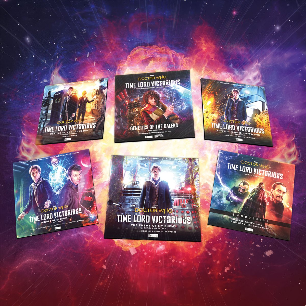 Six covers from the Doctor Who: Time Lord Victorious series, set against the backdrop of an interstellar explosion.