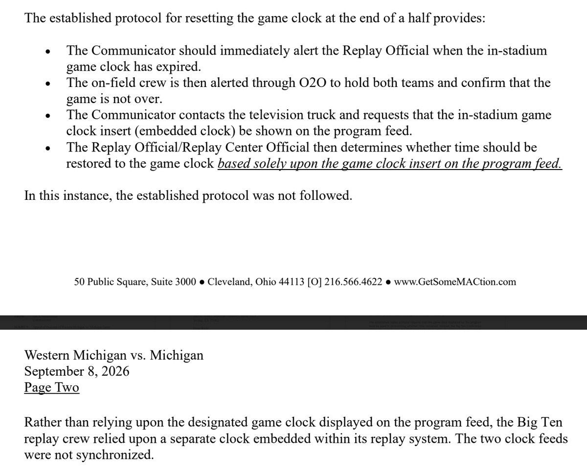 ChrisVannini's tweet photo. In its official letter, the MAC says the Big Ten used a second clock embedded in its replay system, not the clock on the program feed like it's supposed to. They weren't synced. https://t.co/7YR2DNdNcj