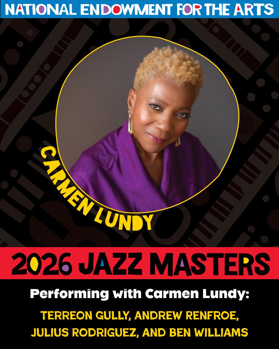 NEAarts's tweet photo. Announcing the full roster of artists performing at the 2026 Jazz Masters concert on September 15...🥁🥁🥁

We can't wait to celebrate our Jazz Masters with you! 🎶🎵

More info: https://t.co/b7lcURYt6M https://t.co/dlA0nolHRj