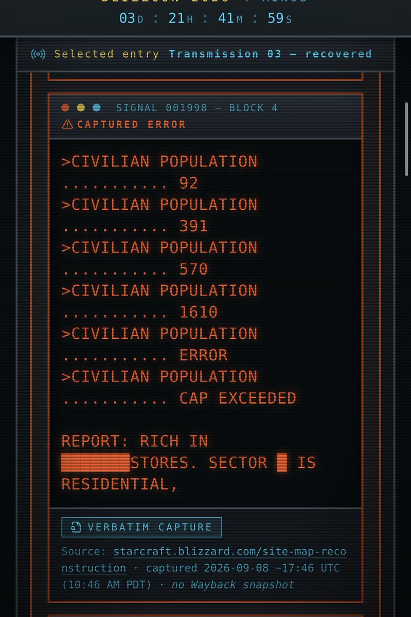 ZergGirl's tweet photo. New transmission glitch uncovered from the StarCraft website!

Something is in the vents. More bio vitals released. This is all giving me some Aliens vibes.

Is this successor game gonna be StarCraft 3, some ARG, a shooter… I think we’ll know more at BlizzCon. Will continue to share if I come across more transmissions.

I recorded all my findings and previous Easter egg transmissions on Scanner Sweep, link below. Let me know if I’m missing anything new or if you want a feature added.