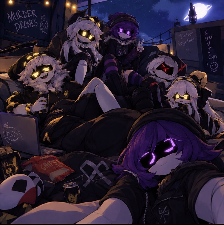 SophiaMia02's tweet photo. #murderdrones #uzidoorman #N #V #cyn #doll #J #murderdronecharacters #newpic #groupselfie https://t.co/iNsmvoKJ5n
