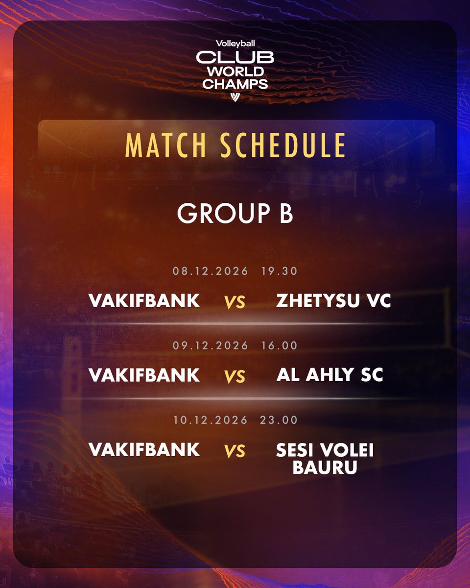 VakifBankSK's tweet photo. FIVB Kulüpler Dünya Şampiyonası’nda mücadele edeceğimiz B Grubundaki maç programımız. 🗓️
#ForMore https://t.co/2NmsixHc2j