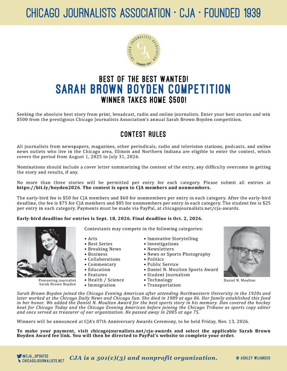 CJA_Updates's tweet photo. 🚨 ATTENTION JOURNALISTS!

Our 2026 contests for the #SarahBrownBoydenAwards and #DorothyStorckAward are now open!

📆 Early-Bird Deadline: Sept 18 ($50 per entry for members)

Final Deadline: Oct. 2 ($75 per entry for members)

Students: $25/entry (for the entire contest period) https://t.co/4wBzjKzk0Z