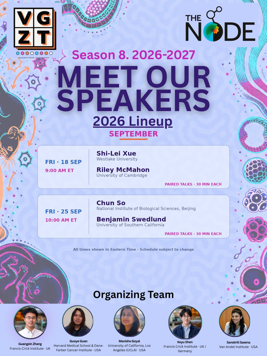 VGZT2020_21's tweet photo. 🧬 VGZT Season 8 is here!
Explore our 2026 speaker lineup and save the dates for exciting developmental biology talks from around the world. 🌍🔬
Follow us for speaker spotlights and details about each talk!
#devbio #gastrulation #science #talks #cells #models https://t.co/IGqRUw2ghF