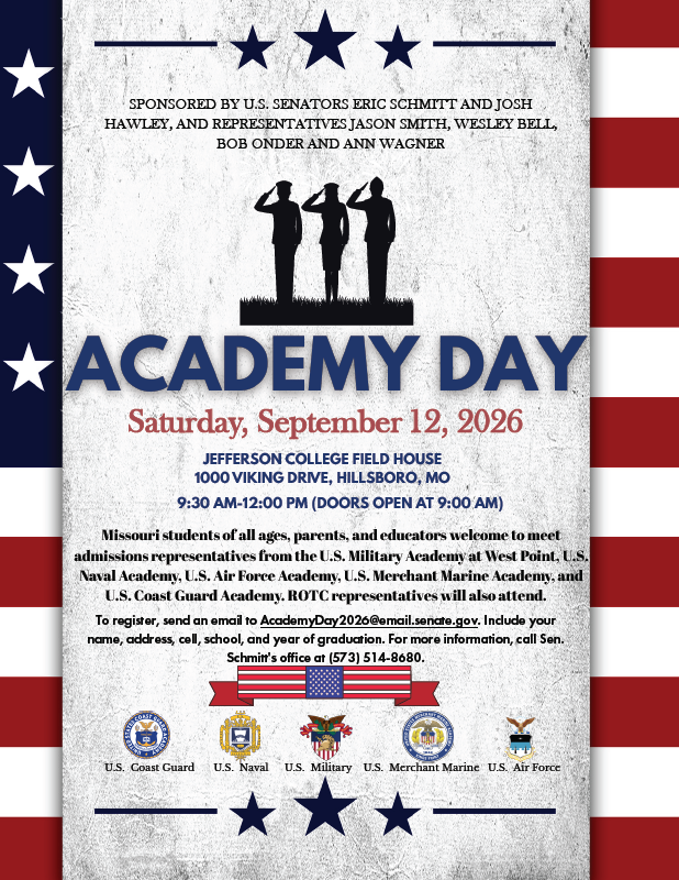 RepAnnWagner's tweet photo. Do you know a high school student that is interested in applying to a military academy? 

My office is cosponsoring a Service Academy Day on Saturday, September 12, 2026, at the Jefferson College Field House in Hillsboro, MO. 

The event is from 9:30am—12:00pm and will feature representatives from all five United States Service Academies: Air Force Academy, Coast Guard Academy, Merchant Marine Academy, Military Academy, and Naval Academy. 

See here for more information.