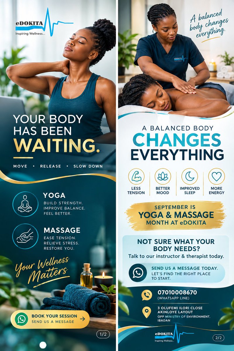 edokitaHealth's tweet photo. Your body is talking. It’s time to listen.
Move. Release. Relax. Your wellness starts here.
#eDOKITA #Yoga #Massage #WellnessMonth #BodyWellness #Ibadan #HealthcareProfessional #HealthyLiving #InspiringWellness https://t.co/MS7OWaLSOx