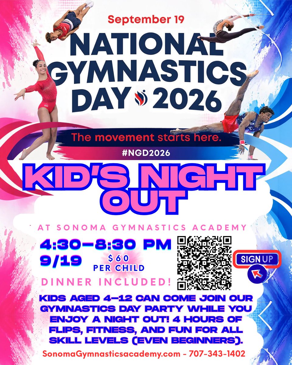FlipsFitnessFun's tweet photo. Our huge National Gymnastics Day party is soon &amp; sign-ups are OPEN! For just $60, your child can enjoy 4 hours of fun, including a tasty dinner. 

Enroll wth the QR code or give us a call at 707-343-1402
#ngd2026 #gymnastics #party #event #kids #sonoma #sonomacounty #gym #fitness https://t.co/1egMXT5RXD